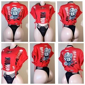 Red  Custom Designed  Crop Top with Graphic Skull Rose Print